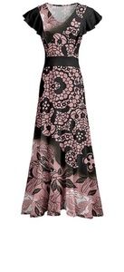 Rose and black floral flutter sleeve maxi dress